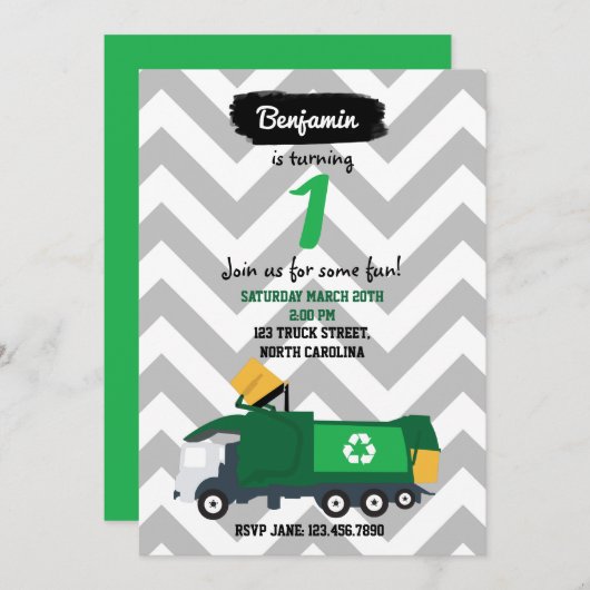 ゴミ収集車の誕生日パーティー招待状　男子・女子用 招待状 (正面/裏面)