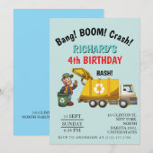 ゴミ収集車をテーマにした子供のゴミパーティーの誕生日 招待状 (正面/裏面)