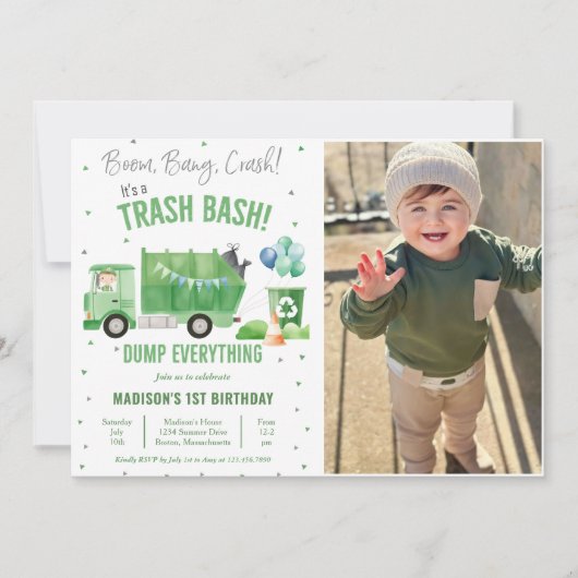 ゴミ箱トラック1st誕生日パーティー写真 招待状 (正面)