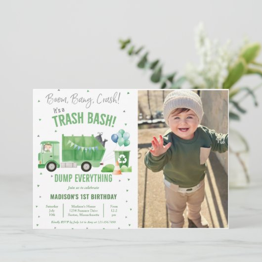 ゴミ箱トラック1st誕生日パーティー写真 招待状 (スタンド正面)