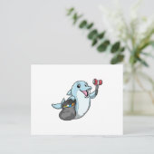 ゴミ袋を持ったクリーニングのイルカ ポストカード (スタンド正面)