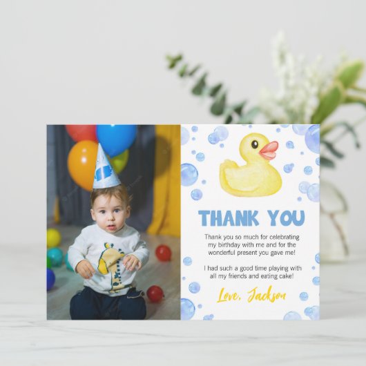 ゴムあひるの誕生日写真感謝カード サンキューカード (スタンド正面)