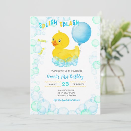 ゴムの水鳥の男の子の1歳の誕生日招待状 招待状 (スタンド正面)