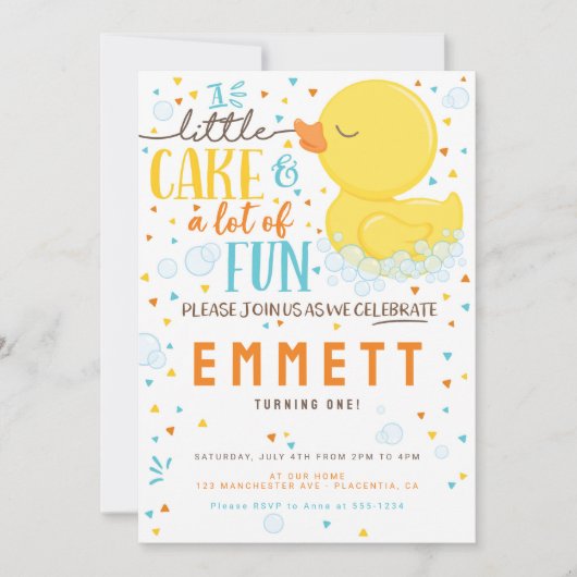 ゴムの黄色いあひるの1歳の誕生日パーティー 青と黄色 招待状 (正面)