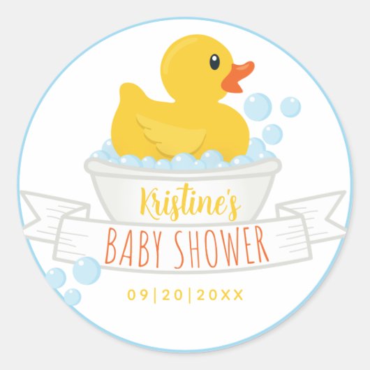ゴムの黄色いあひる 赤ちゃんのシャワーステッカー | 青いバブルバス ラウンドシール (正面)