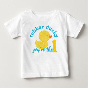 ゴムダッキー(アヒルちゃん)あなたはワンファースト誕生日Tシャツ ベビーTシャツ
