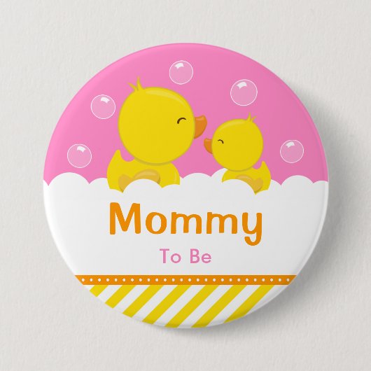 ゴムダッキー（アヒルちゃん）イエローとピンクママになる 缶バッジ (正面)