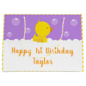 ゴムダッキー(アヒルちゃん)イエローパープルハッピーバースデー ラージペーパーバッグ (正面)