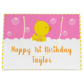 ゴムダッキー（アヒルちゃん）イエローピンクハッピーバースデー ラージペーパーバッグ (正面)