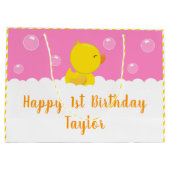 ゴムダッキー（アヒルちゃん）イエローピンクハッピーバースデー ラージペーパーバッグ (裏面)