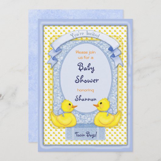 ゴムダッキー（アヒルちゃん）ツインボーイズシャワー招待状 招待状 (正面/裏面)