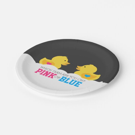 ゴムダッキー（アヒルちゃん）ピンクまたは青の性別の表示パーティー ペーパープレート (アングル)