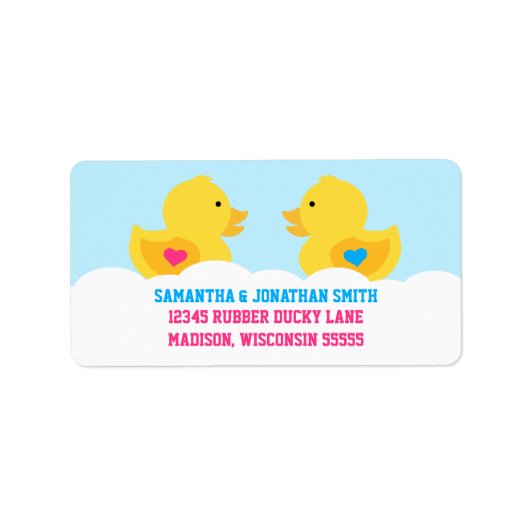 ゴムダッキー(アヒルちゃん)ピンクまたは青の性別の表示パーティー ラベル (正面)