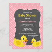 ゴムダッキー（アヒルちゃん）ベビーシャワー招待状ピンク&イエロー 招待状 (正面/裏面)