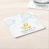ゴムダッキー(アヒルちゃん)ベビーシャワー スクエアペーパーコースター (アングル)