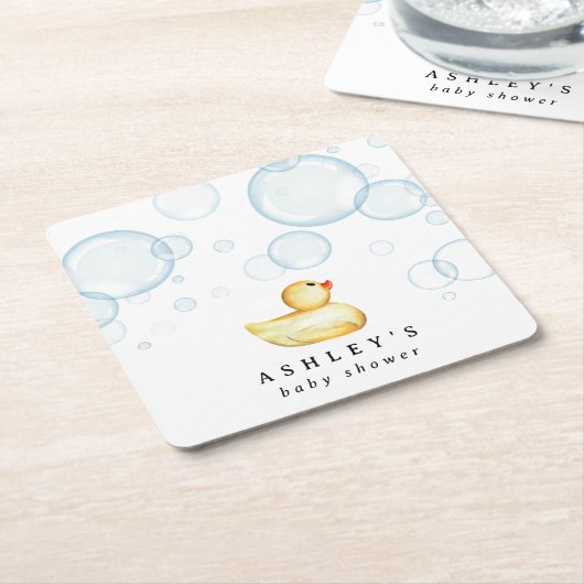 ゴムダッキー（アヒルちゃん）ベビーシャワー スクエアペーパーコースター (アングル)
