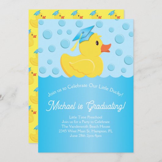ゴムダッキー(アヒルちゃん)幼稚園卒業パーティー小学生 招待状 (正面/裏面)