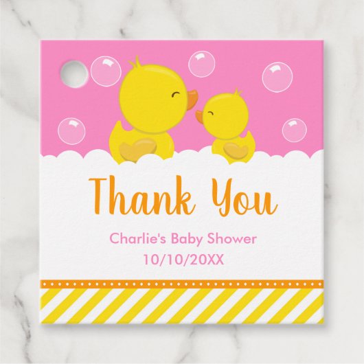 ゴムダッキー（アヒルちゃん）赤ちゃんシャワーイエローピンクありがとう フェイバータグ (正面)