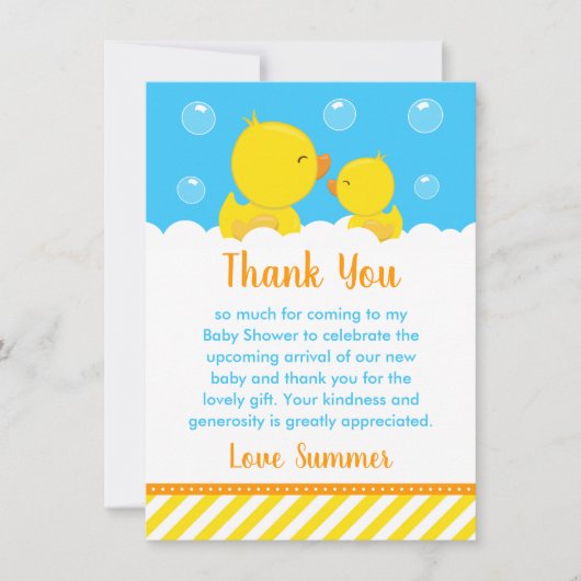 ゴムダッキー(アヒルちゃん)赤ちゃんシャワー黄色と青 サンキューカード (正面)