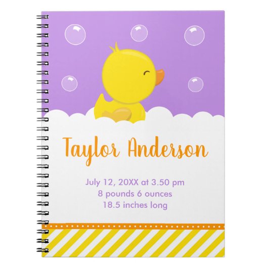 ゴムダッキー（アヒルちゃん）黄色と紫の誕生統計 ノートブック (正面)