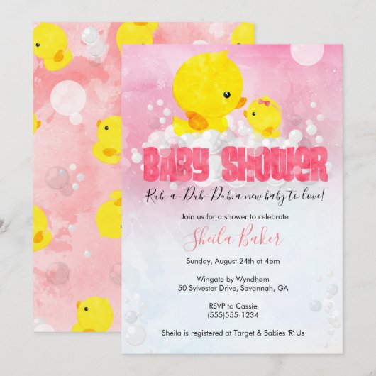 ゴムダッキー ベビーシャワー招待状 | 女の子 ダッキー 招待状 (正面/裏面)