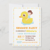 ゴムダックのプールフロートに乗った女の子の子供の誕生日パーティー 招待状 (正面)