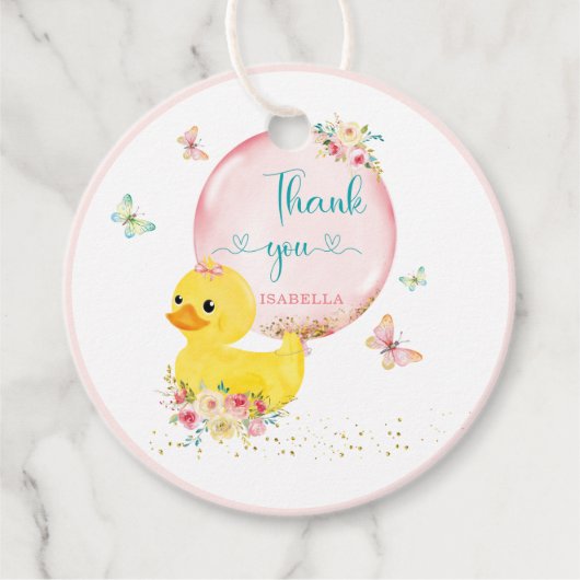 ゴムパーソナライズされたダッキー（アヒルちゃん）ガールファーストメッセージカード フェイバータグ (正面)