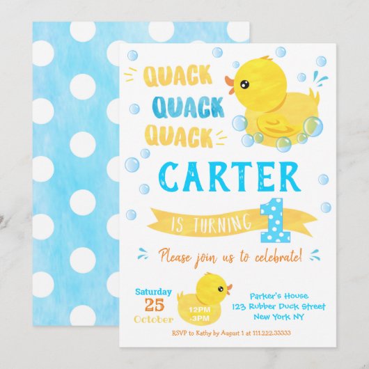 ゴム製のあひるの1歳の誕生日招待状 招待状 (正面/裏面)