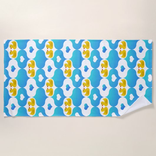 ゴム製のアヒルとハートイエローとブルー ビーチタオル (正面)