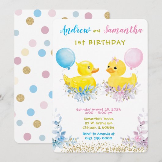 ゴム製の水鳥の双子の1歳の誕生日カード 招待状 (正面/裏面)