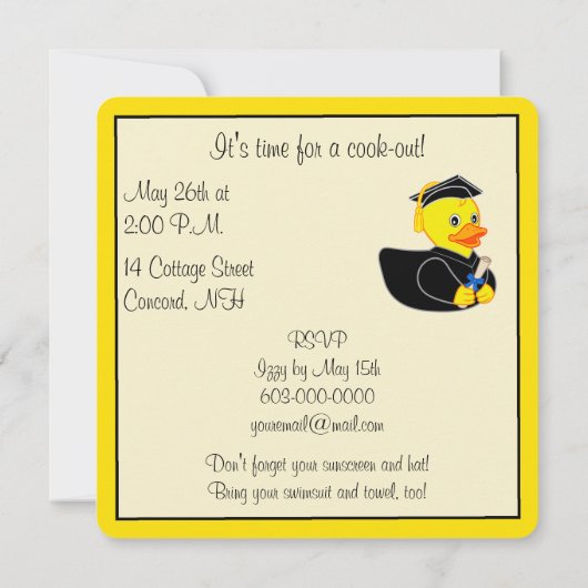 ゴム製アヒルの卒業生を持つ卒業パーティー 招待状 (裏面)
