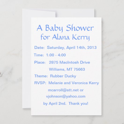 ゴム製ダッキーのベビーシャワーの招待 招待状 (裏面)