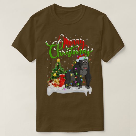 ゴリラおもしろい動物愛好家クリスマス照明ゴリラC Tシャツ (デザイン正面)