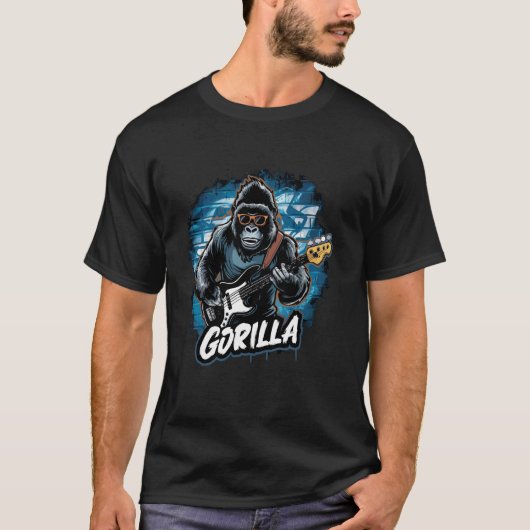 ゴリラがベースギターを演奏するTシャツ 動物がギターを演奏 Tシャツ (正面)