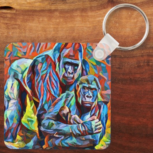 ゴリラアペファミリー抽象芸術野生動物芸術 キーホルダー (裏面)