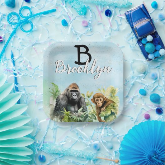 ゴリラパーソナライズされたチンパンジージャングルモノグラム ペーパープレート (パーティー)