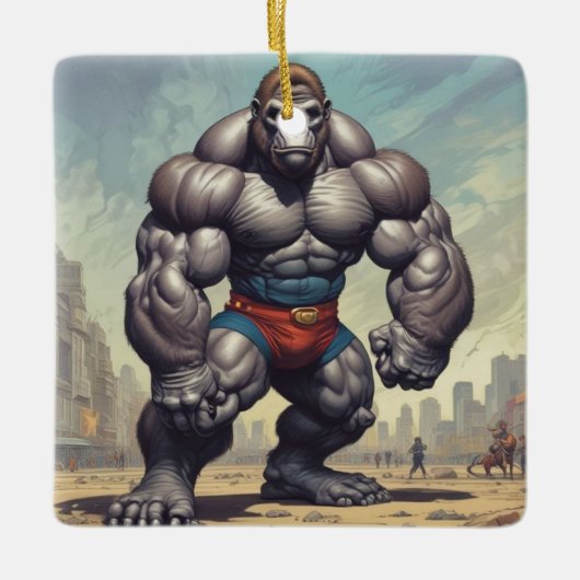 ゴリラボディビルダーポップ・アートのアートマンガスケッチ セラミックオーナメント (正面)