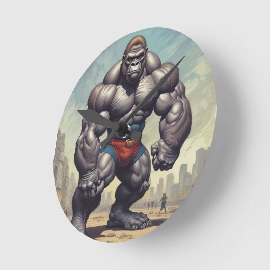ゴリラボディビルダーポップ・アートのアートマンガスケッチ ラウンド壁時計 (傾斜)