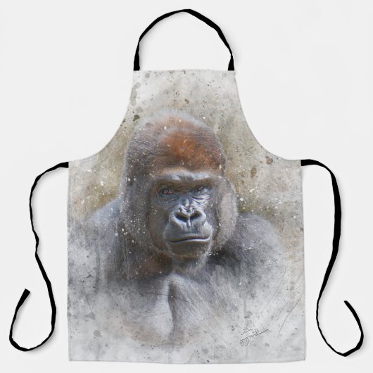 ゴリラポートレート水彩野生生物写真 エプロン (正面)