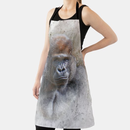 ゴリラポートレート水彩野生生物写真 エプロン (インサイチュ)