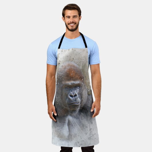 ゴリラポートレート水彩野生生物写真 エプロン (着用した状態)