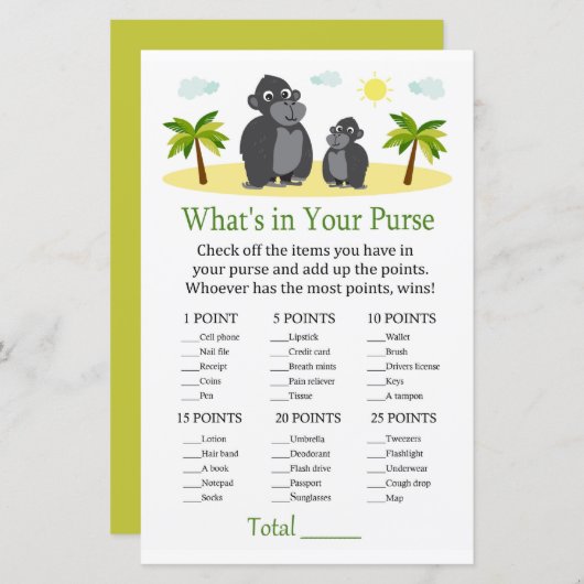ゴリラ財布ゲームのベビーシャワーの中に何がある (正面/裏面)