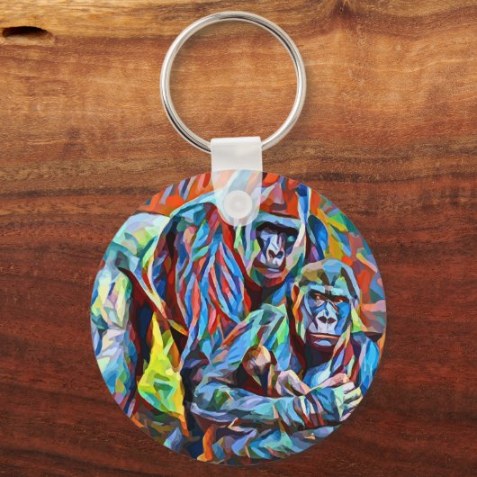 ゴリラ類人猿ファミリー抽象芸術動物野生動物アート キーホルダー (正面)