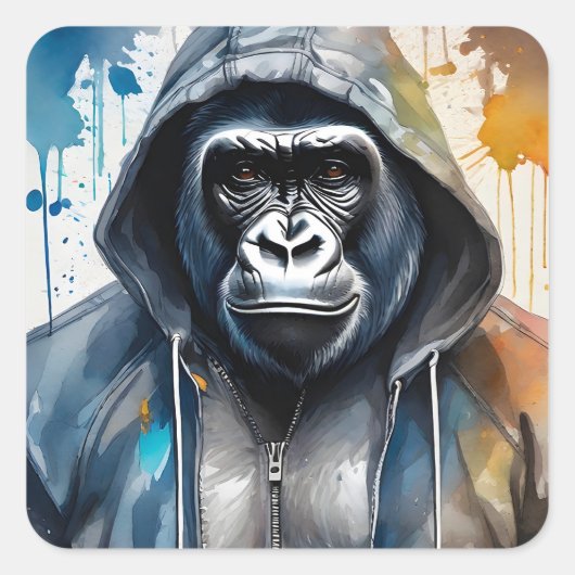 ゴリラ（ばちゃばちゃ）跳ねるアートウォーターカラーポートレートフード付きスウェットシャツ スクエアシール (正面)