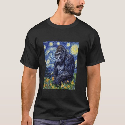 ゴリラ+モンキー+ゴッホ風+星月夜+グラフィック Tシャツ (正面)
