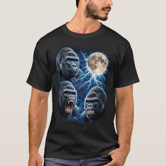 ゴリラ 月 稲妻 アート 強力な類人猿の顔 月 Tシャツ (正面)