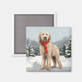 ゴルデンドゥードルの犬と雪のクリスマス マグネット (正面/裏面)