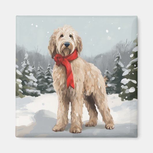 ゴルデンドゥードルの犬と雪のクリスマス マグネット (正面)