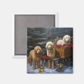 ゴルデンドゥードルの雪のそり クリスマスの飾り マグネット (正面/裏面)