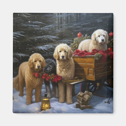 ゴルデンドゥードルの雪のそり クリスマスの飾り マグネット (正面)